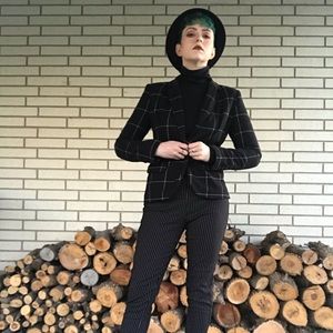 Black and White Plaid Blazer with Blue Details